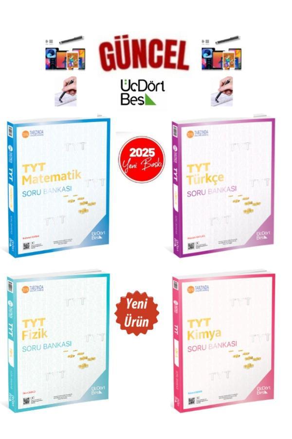 2025 Güncel Baskı Tyt Matematik-Türkçe-Fizik-Kimya Video Çözümlü Soru Bankası Seti+Kalem - Üç Dört Beş Yayınları - Image 1