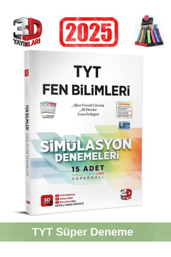 3d 2025 Tyt Fen Bilimleri 15 Adet (4 Kolay-7 Orta-4 Zor)Simulasyon Video Çözümlü Deneme+Kalemlik - 3D Yayınları - Image 1