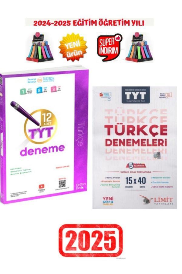 2025 Tyt Türkçe 12Adet Çözümlü Deneme+Limit 2025 Tyt Türkçe 15x40 Deneme Seti+Kalemlik - Üç Dört Beş Yayınları - Image 1