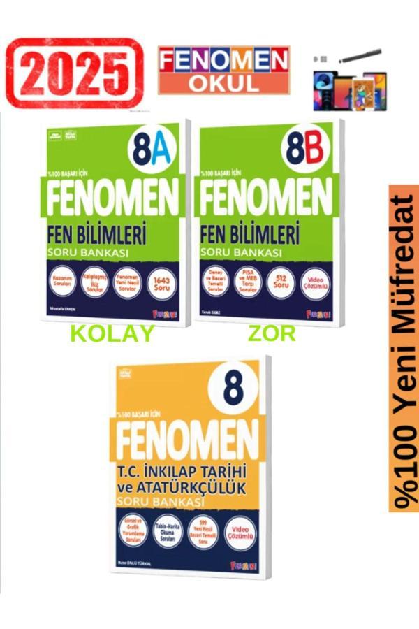2025 8.Sınıf Fen(AB) Kolay-Zor -İnkılap Tarihi %100 Yeni Müfredat Soru Bankası Seti+Kalem - Fenomen Yayıncılık - Image 1