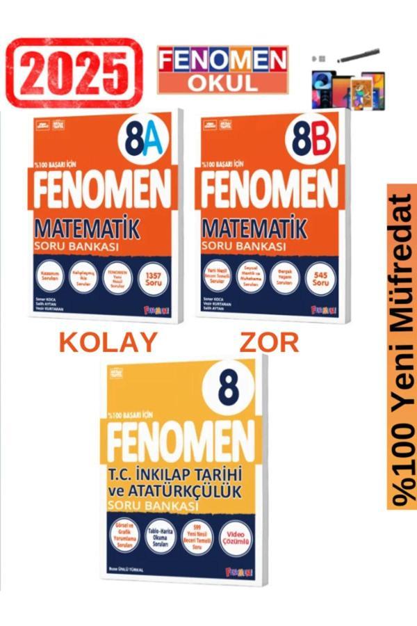 2025 8.Sınıf Matematik(AB)Kolay-Zor-İnkılap Tarihi %100 Yeni Müfredat Soru Bankası Seti+Kalem - Fenomen Yayıncılık - Image 1