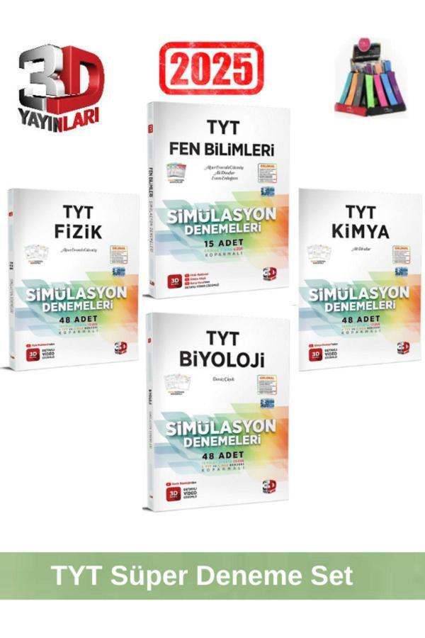 3d 2025 Tyt Fen 15-Fizik 48-Kimya 48-Biyoloji 48 Simulasyon Video Çözümlü Deneme Seti+Kalemlik - 3D Yayınları - Image 1