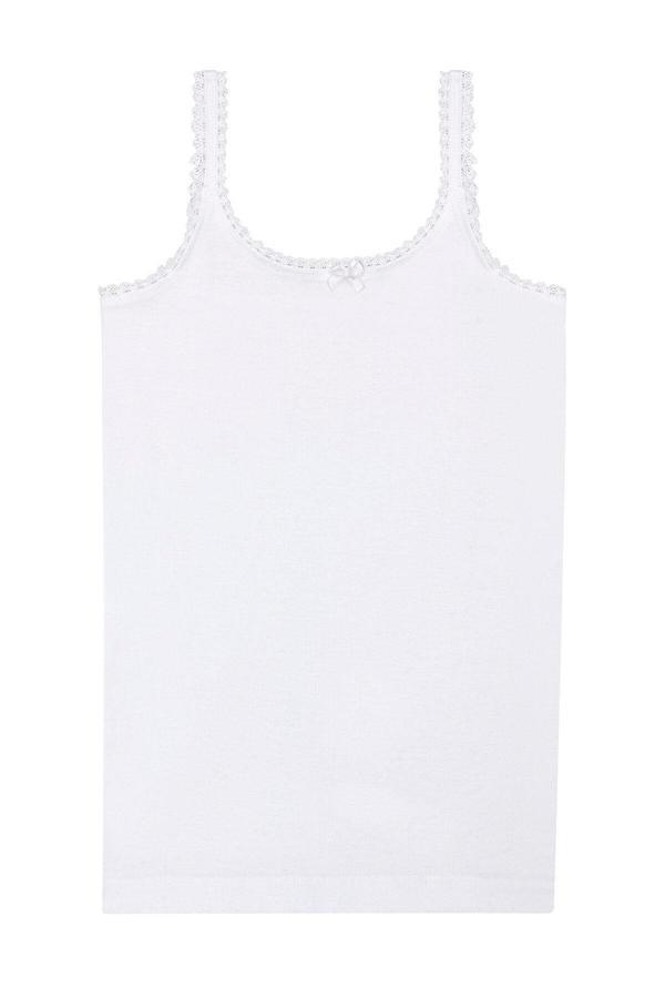 Kız Çocuk %100 Pamuklu Ribana Yakası Dantel Detaylı İnce Askılı Örme Atlet | Beyaz K1610 - Image 1