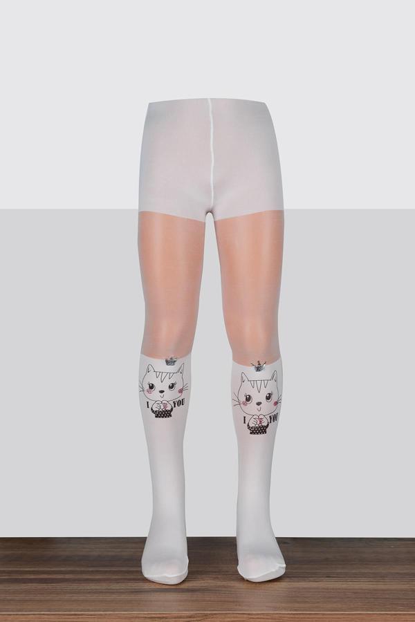 Kız Çocuk Love Cat Desenli Külotlu Çorap | Ekru BC8187-01 - Image 1