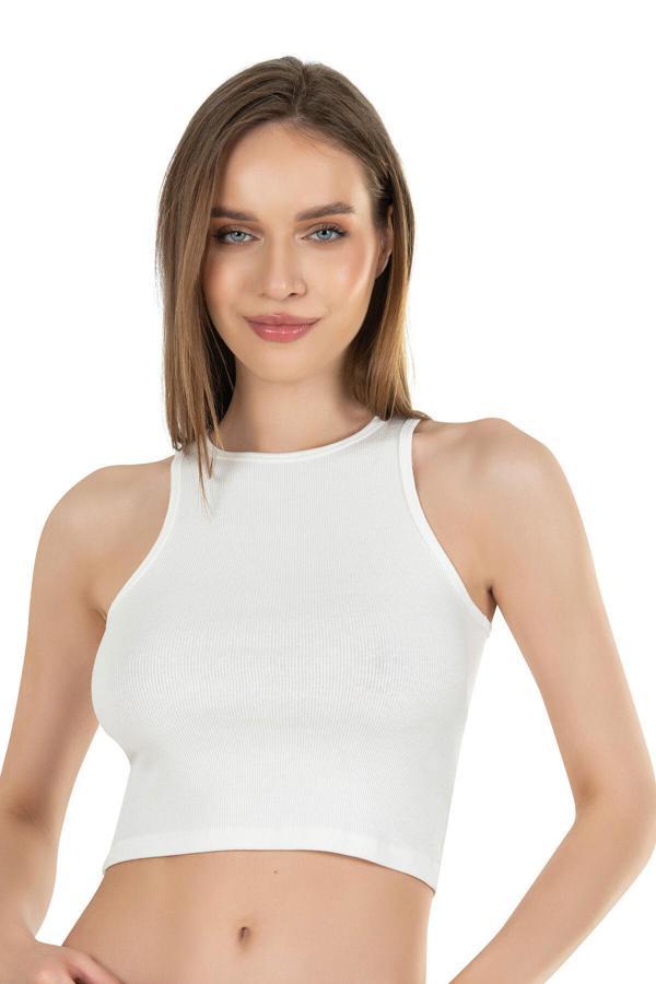 Kadın Pamuklu Crop Fitilli Örme Atlet | Ekru 26814 - Image 1