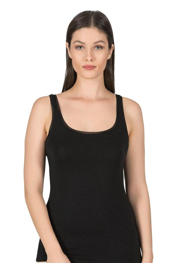 Kadın Likralı Tül Biyeli Pamuklu Modal Atlet | Siyah K25493 - Image 1