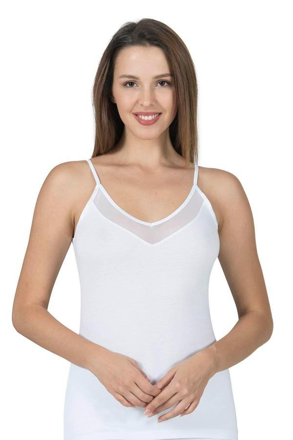 Kadın İnce Askılı Tüllü Modal Atlet | Beyaz K22813 - Image 1