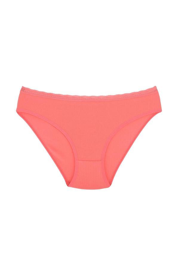 Fitilli Ribana Pamuklu Dantelli Esnek Slip Bikini Külot | Mercan - Image 1
