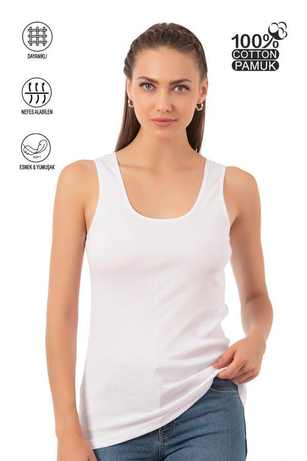 Kadın Pamuklu Ribana Esnek Biyeli Kalın Askılı Örme Atlet Beyaz | K0111 - Image 1