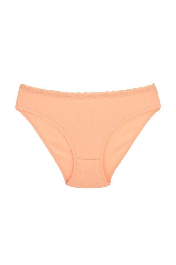 Fitilli Ribana Pamuklu Dantelli Esnek Slip Bikini Külot | Turuncu - Image 1