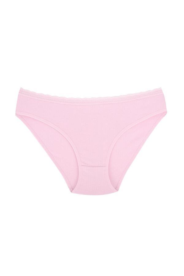 Fitilli Ribana Pamuklu Dantelli Esnek Slip Bikini Külot | Bebek Pembesi - Image 1