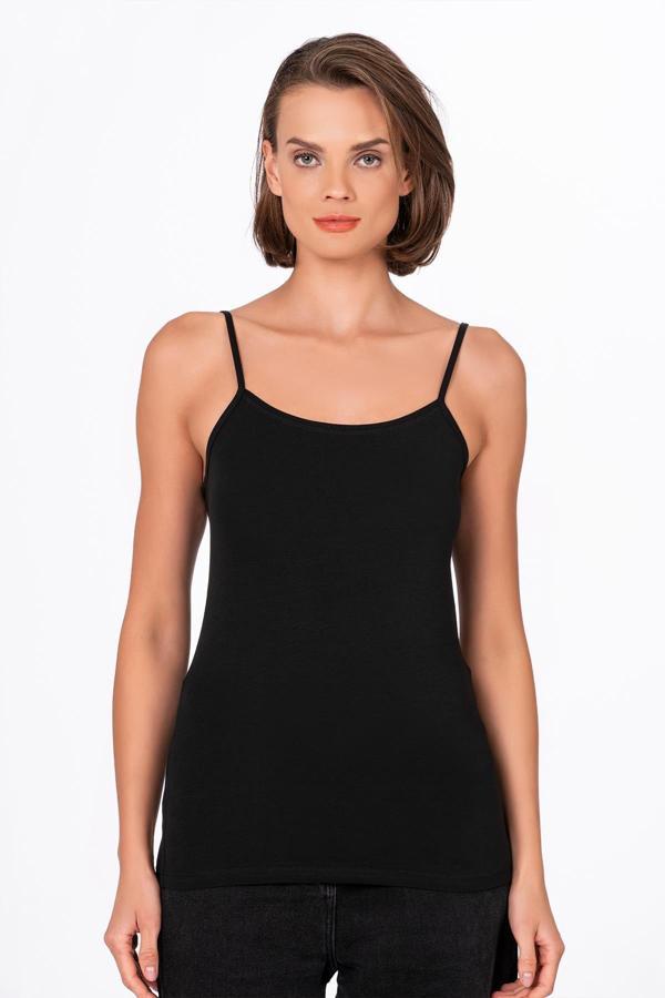 Kadın Pamuklu Likralı Süprem Esnek İnce Askılı Atlet | Siyah K23319 - Image 1