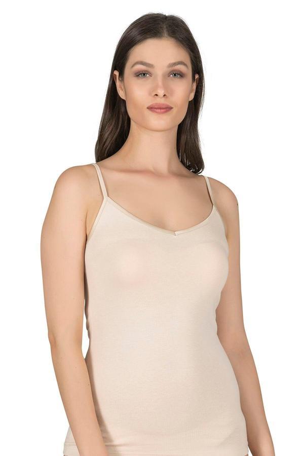 Kadın Pamuklu Modal Esnek Saten Biyeli İnce Askılı Atlet Ten |  K20586 - Image 1