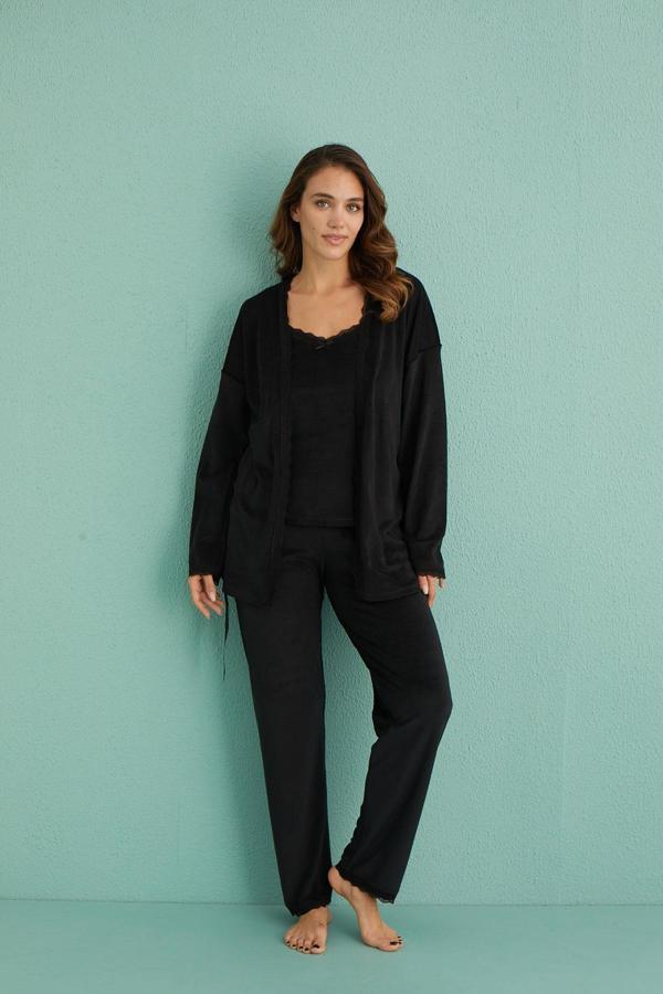 Kadife Sabahlıklı Üçlü Takım | Siyah13402 - Image 1