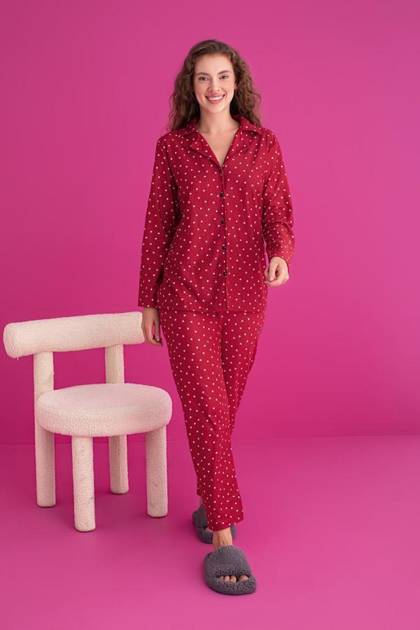 Kadın Süet Önden Düğmeli Pijama Takımı | Kalpli Kırmızı - Image 1