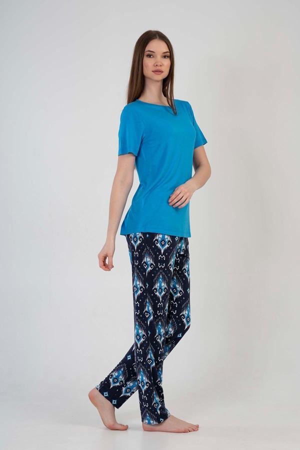  Kadın Bisiklet Yaka Kısa Kol Altı Uzun Pijama Takım | 2100922947 - Image 1