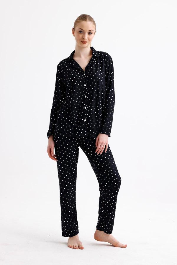 Kadın Süet Önden Düğmeli Pijama Takımı | Kalpli Siyah - Image 1
