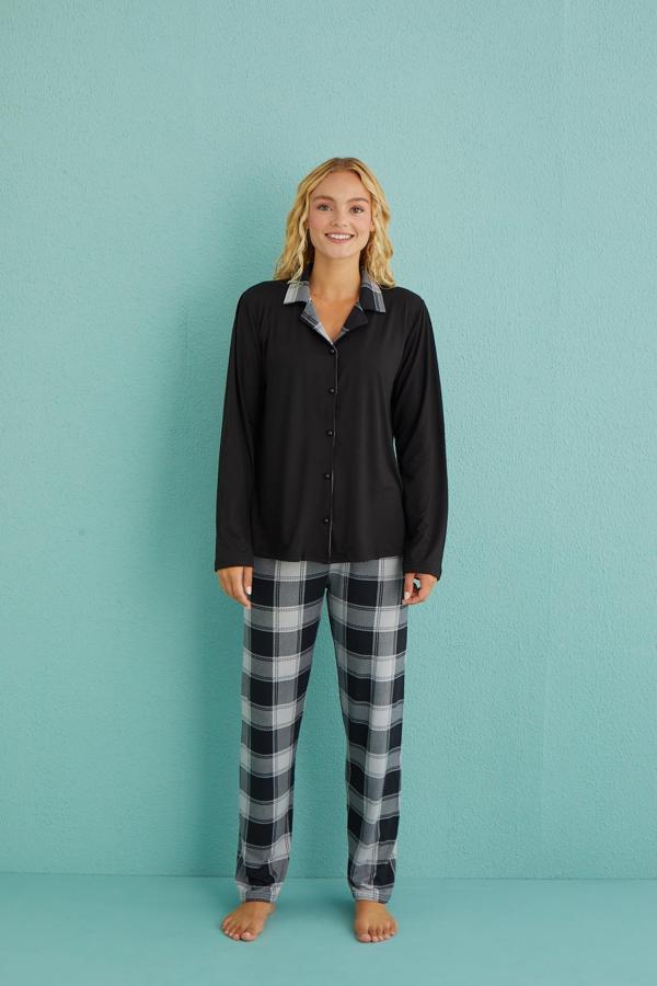 Kadın Genç Önden Düğmeli Uzun Kollu Pijama Takımı | Siyah 50901-35 - Image 1
