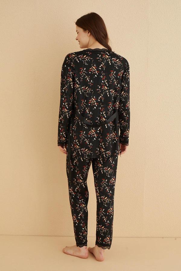 3'lü Genç İp Askılı Sabahlıklı Pijama Takım | Siyah 80118-59 - Image 1