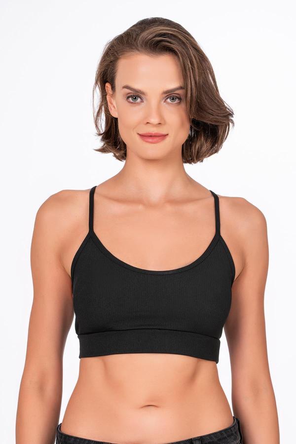 Fitilli İnce Askılı Şekillendirici Spor Sütyeni | Siyah - Image 1