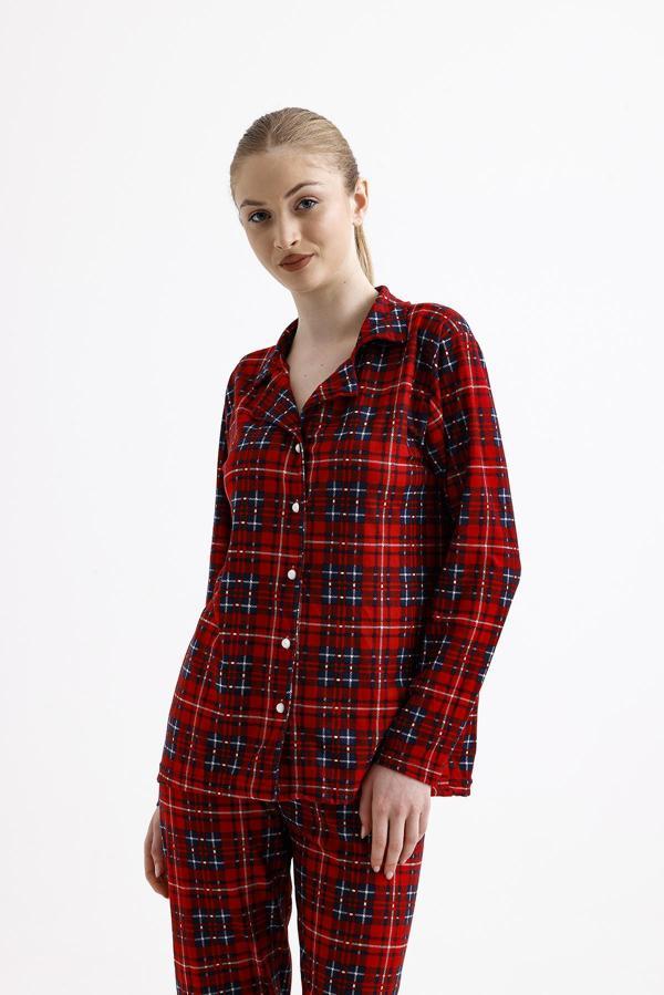 Kadın Süet Önden Düğmeli Pijama Takımı | Ekose Kırmızı - Lacivert - Image 1