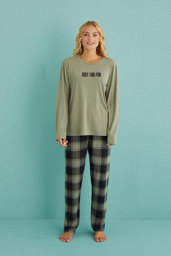 Kadın Genç Bisiklet Yaka Uzun Kollu Pijama Takımı | Haki 50902-48 - Image 1