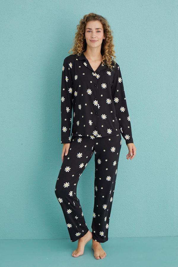 Kadın Genç Önden Düğmeli Uzun Kollu Pijama Takımı | Siyah 50701-81 - Image 1