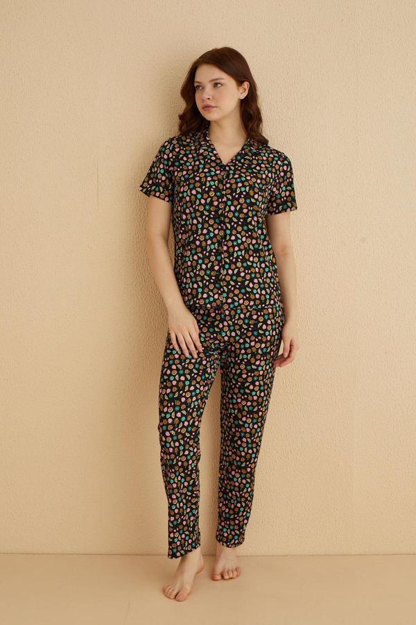 Genç Önden Düğmeli Pijama Pijama Takım | Siyah 80124-70 - Image 1