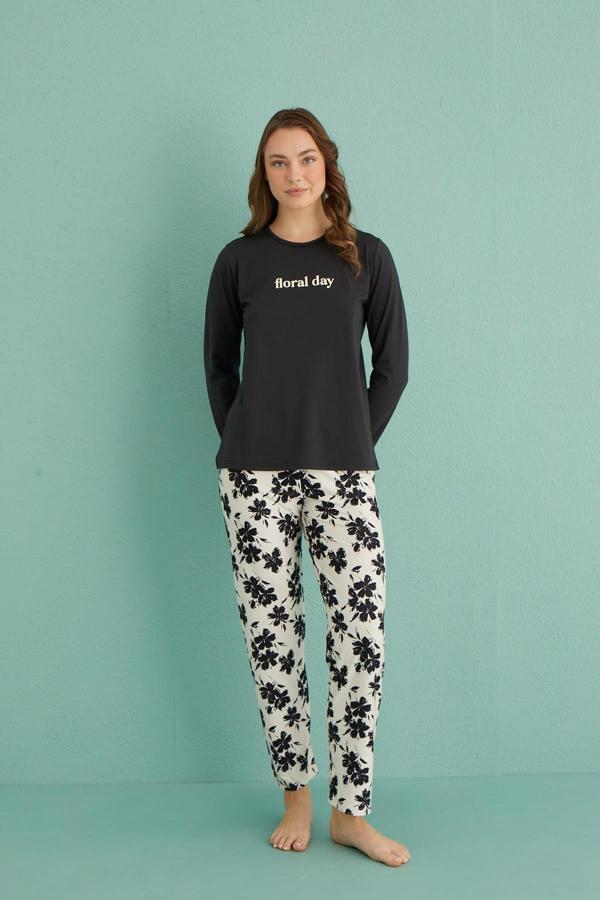 Kadın Genç Bisiklet Yaka Uzun Kollu Pijama Takımı | Siyah 30103-7 - Image 1