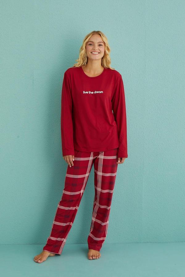 Kadın Genç Bisiklet Yaka Uzun Kollu Pijama Takımı | Kırmızı 50902-50 - Image 1