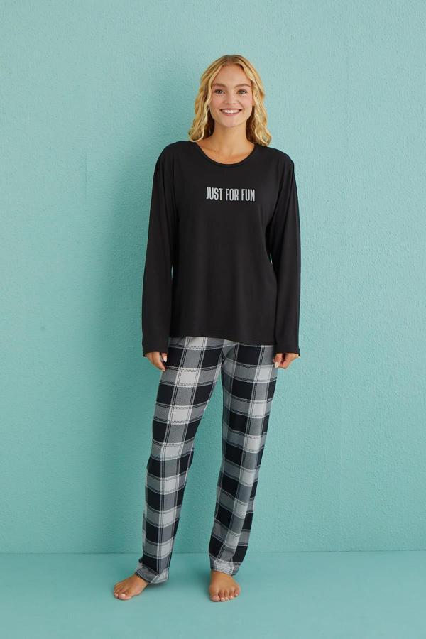 Kadın Genç Bisiklet Yaka Uzun Kollu Pijama Takımı | Siyah 50902-49 - Image 1