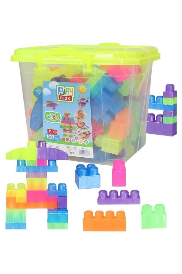 Hak-İş Oyuncak Play Blox Yapı Oyuncakları 3110 Neon Renkler Mega Blok Seti 107 Parça Kovalı - Image 1