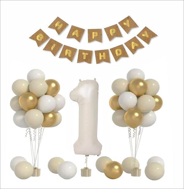 1 YAŞ KRAFT TEMA GOLD ,BEYAZ, KUM BALON+ BANER SETİ - Image 1