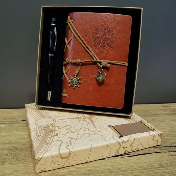 Pusula Baskılı Deri Defter Kalem Seti - Image 1