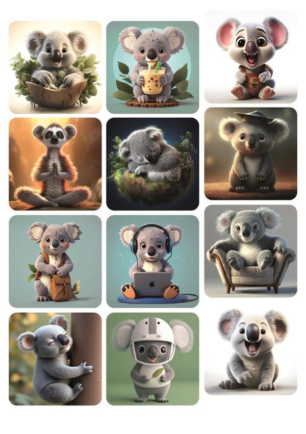 12' li Koala Sevimli Hayvan Kare Tasarım Hayvan Sticker - Image 1