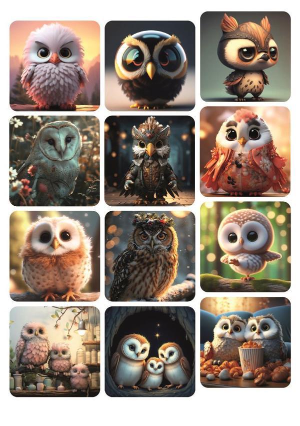 Sevimli Baykuşlar 12 ADET Kare Sticker - Image 1