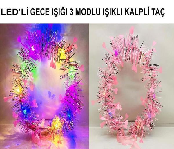 Kalp Püsküllü Gece Parıltısı 3 Modlu LED&#39;li Işıklı Taç Pembe Renk - Image 1