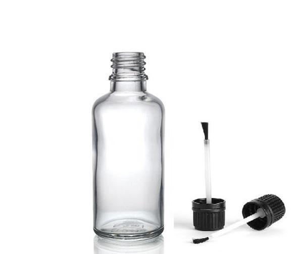 50ml şeffaf cam şişe fırça kapaklı, 12 adet, ecza şişesi, kozmetik şişe, yapıştırıcı şişesi, yağ şişesi - Image 1