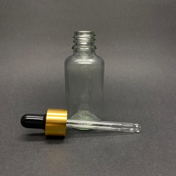 20ml Şeffaf, Cam Şişe, 24 adet, Cam Damlalıklı, Ecza şişesi, Propolis şişesi, Gold Kapak Siyah Emzik - Image 1