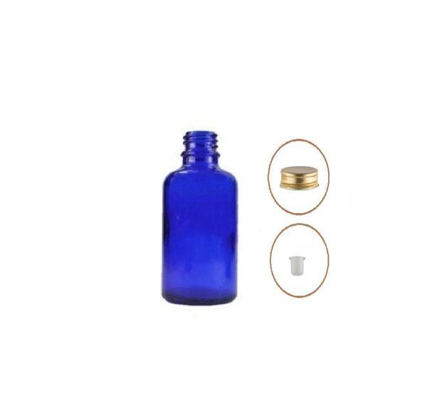 30ml mavi şişe sarı metal düz kapaklı, 12 adet, cam şişe, esans şişesi, yağ şişesi, kozmetik şişesi - Image 1