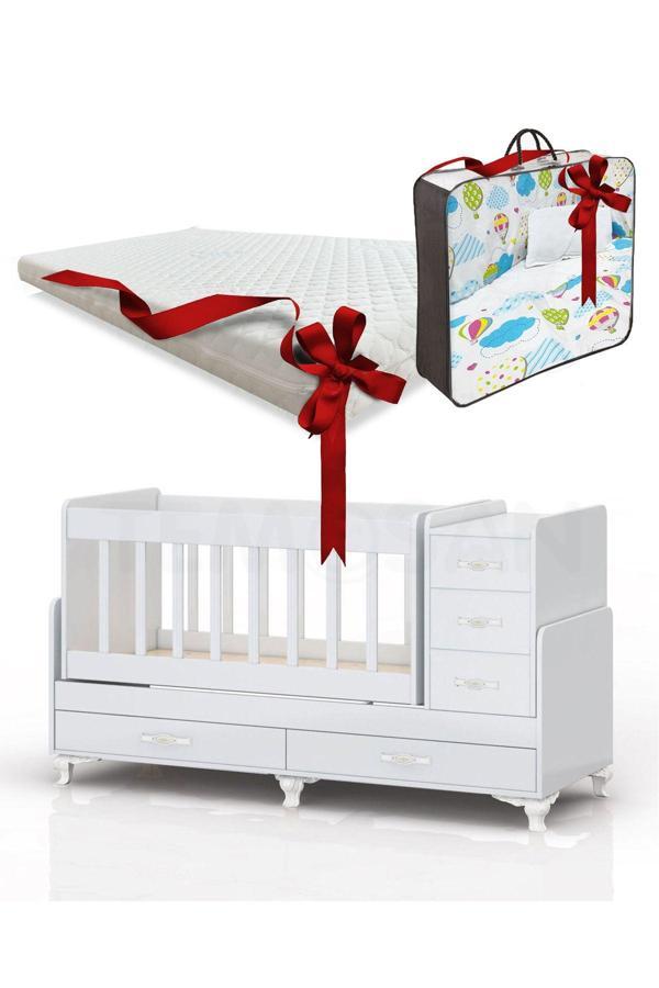 Temosan Mavi Uyku Setli, Yataklı, Anne Yanı Olabilen, Sallanır Büyüyen Bebek Beşiği 60 X 120 - Image 1