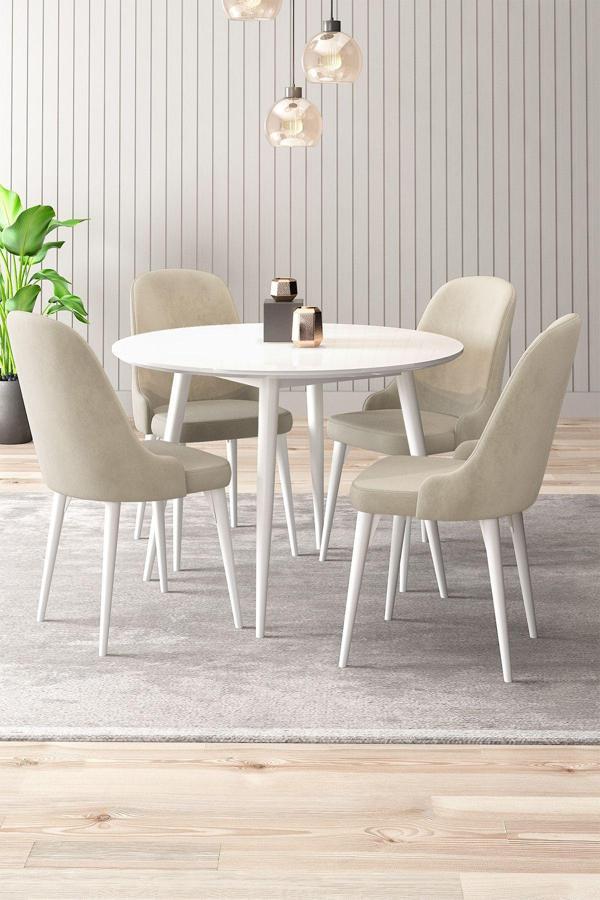 Asaella Mobilya Adel 4 Sandalyeli Yuvarlak 90X90 Beyaz Ahşap Ayak Mdf Mutfak Yemek Masası Takımı - Image 1