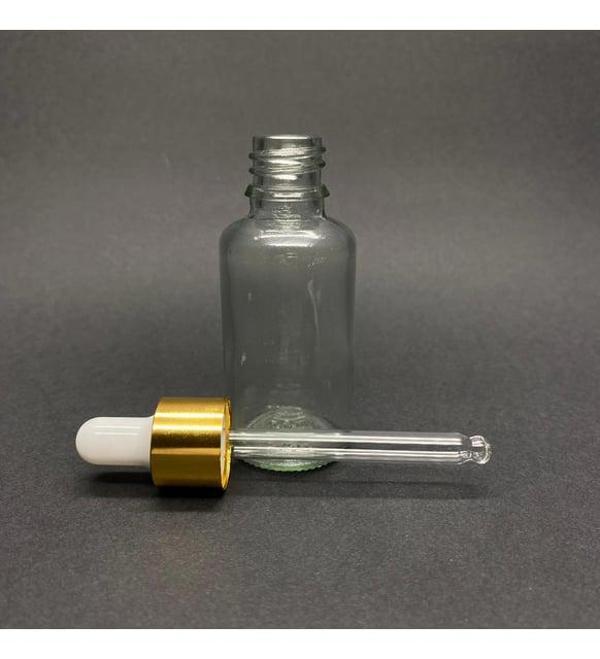 30ml Şeffaf, Cam Şişe, 24 adet, Cam Damlalıklı, Ecza şişesi, Propolis şişesi, Gold Kapak Beyaz Emzik - Image 1