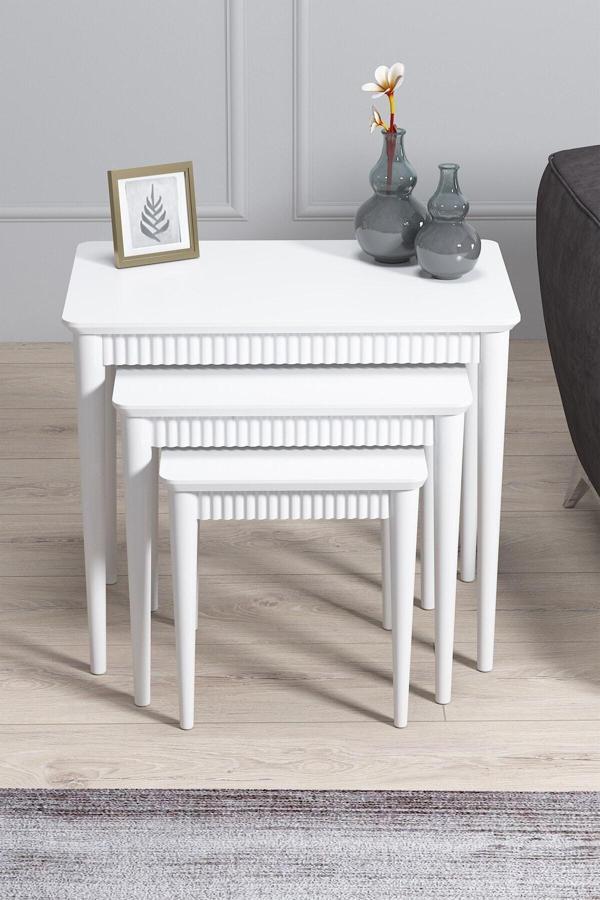 Asaella Mobilya Elegance Mdf Ve Lake Boya, Beyaz 3Lü Zigon Sehpa Takımı, Beyaz Gürgen Ayaklar - Image 1