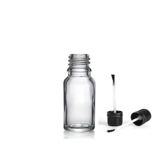 10ml şeffaf cam şişe fırça kapaklı, 12 adet, ecza şişesi, kozmetik şişe, yapıştırıcı şişesi, yağ şişesi - Image 1