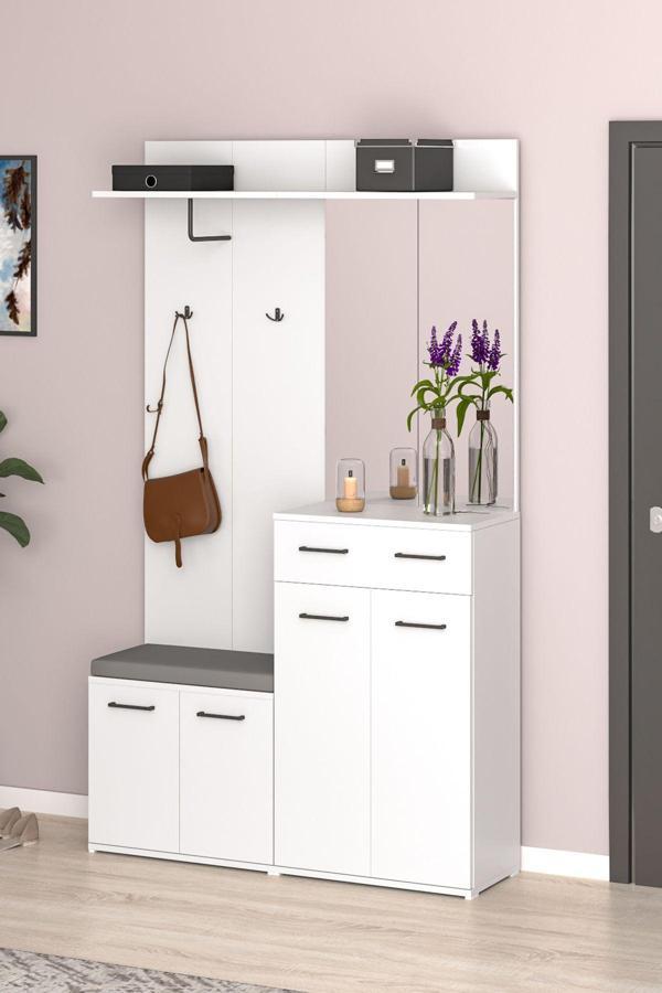 Temosan Beyaz Portmanto Vestiyer Askılık Puzzle, Aynalı Dolaplı, Benchli Ayakkabılık, Kapaklı V-075 - Image 1