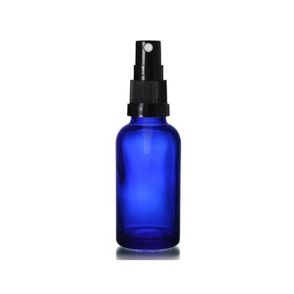 50ml mavi cam, siyah sprey başlıklı şişe, 24 adet, cam şişe, sprey şişesi, ecza şişesi, dropper şişe, medikal şişe - Image 1