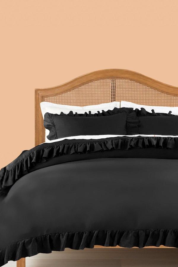 Ritmo Home Farbalalı / Fırfırlı %100 Pamuklu Siyah Vintage King Size Battal Boy Çift Kişilik Nevresim Takımı - Image 1