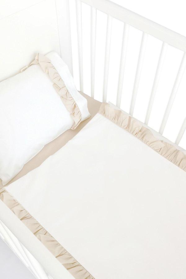 Piamom 100x150 Bebek Çocuk Fırfırlı Nevresim Takımı Kırık Beyaz Bej - Image 1