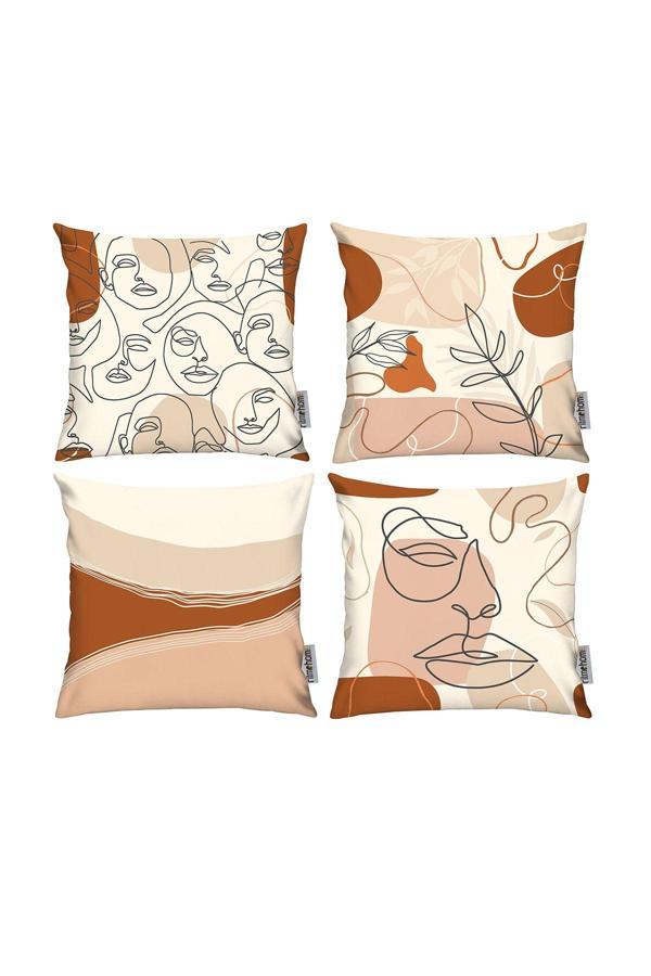 Piamom İskandinav, Cozy, Yüzlü, Modern Çift Tarafı Baskılı 4'lü 43x43 Kırlent Kılıfı Krem, Siyah, Somon - Image 1